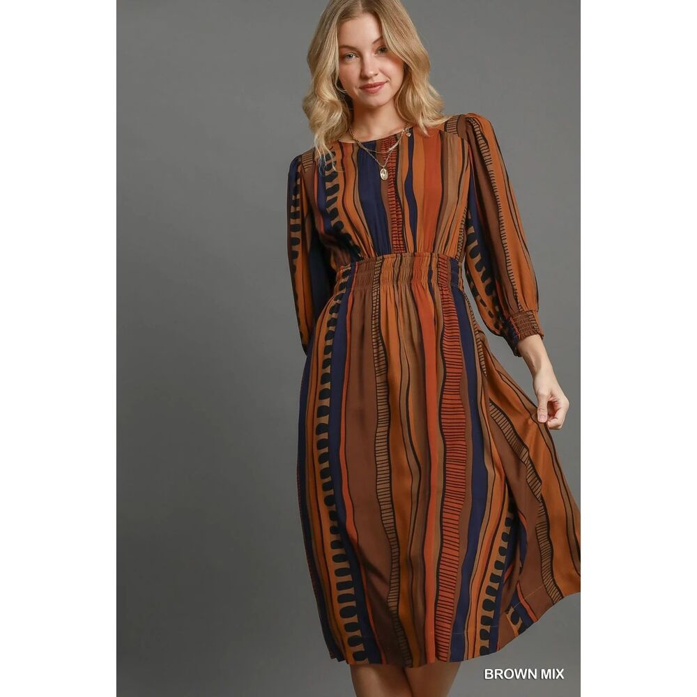 NWT Womens Small Umgee Long Sleeve Maxi Dress Rayon/Cotton Red/Orange/Navy/Brown